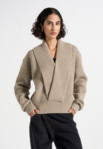 Azra - Plunge Knit Sweater - Taupe