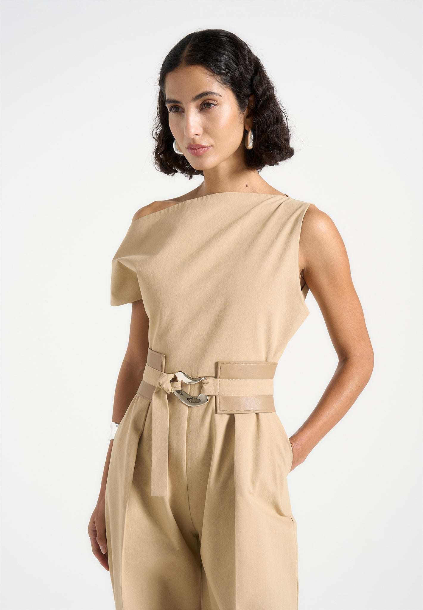 Women's Tailored Off Shoulder Jumpsuit with Belt - Beige - US 12 - Valerie - Manire de Voir Women's Tailored Off Shoulder Jumpsuit with Belt - Beige - US 12 - Valerie - Manire de Voir