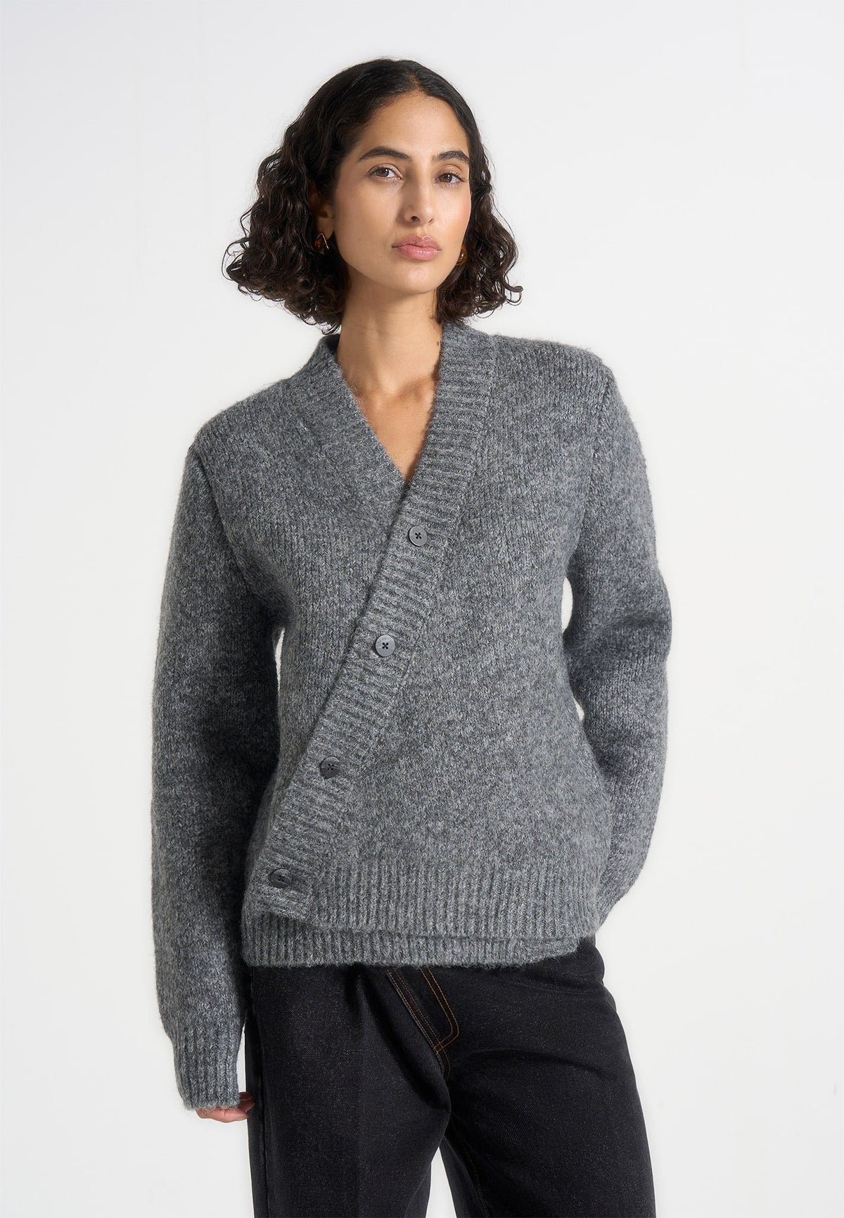 Dani - Unisex Asymmetric Brushed Knit Cardigan - Grey