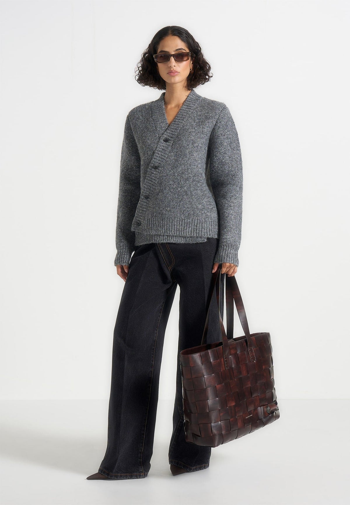 Dani - Unisex Asymmetric Brushed Knit Cardigan - Grey