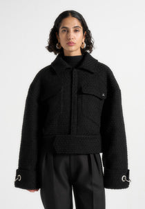 Naela - Boxy Tweed Jacket With Cuff Detail - Black