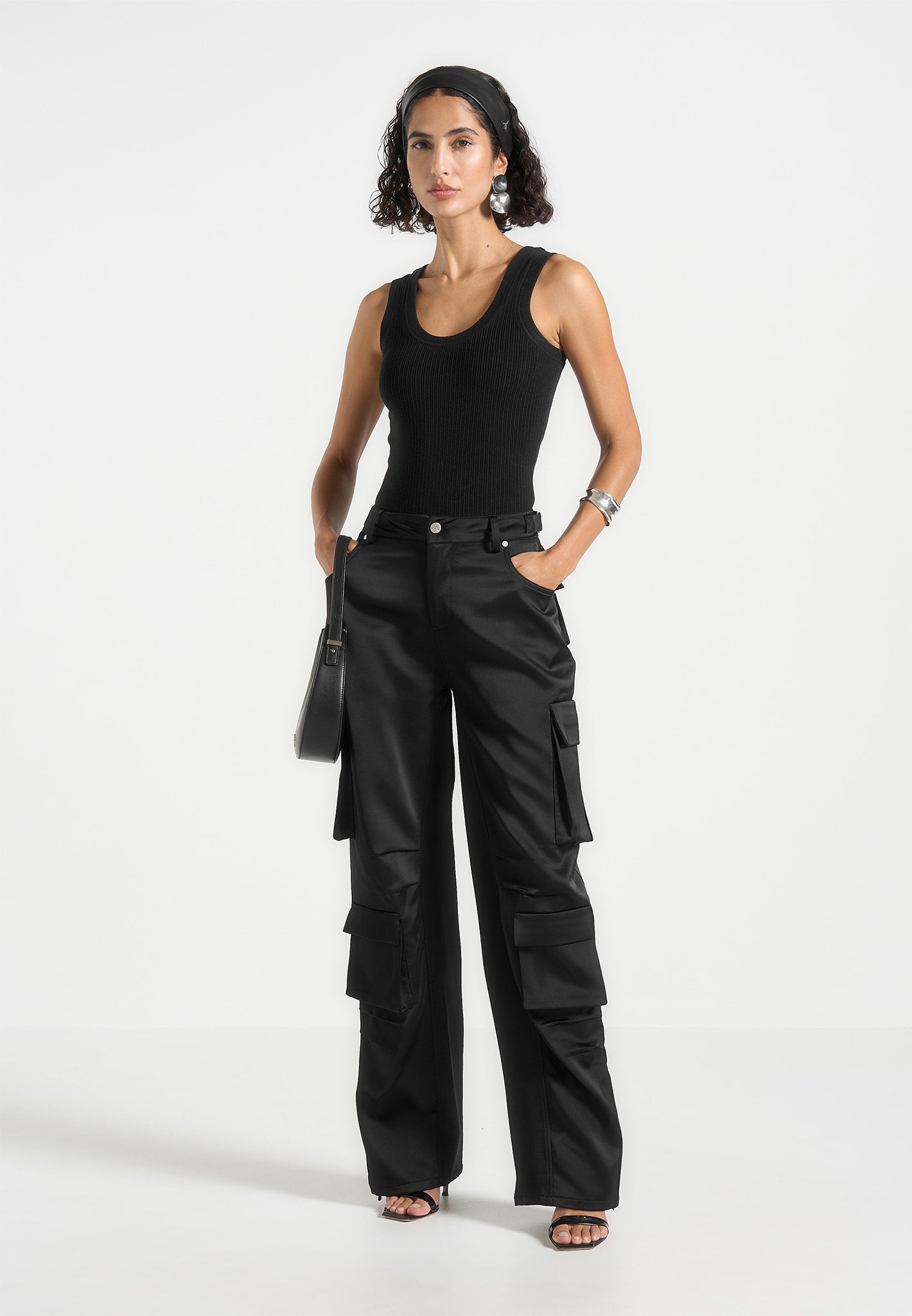 Women's Satin High Waisted Cargo Pants - Black - US 4 - Emilie - Manire de Voir Women's Satin High Waisted Cargo Pants - Black - US 4 - Emilie - Manire de Voir