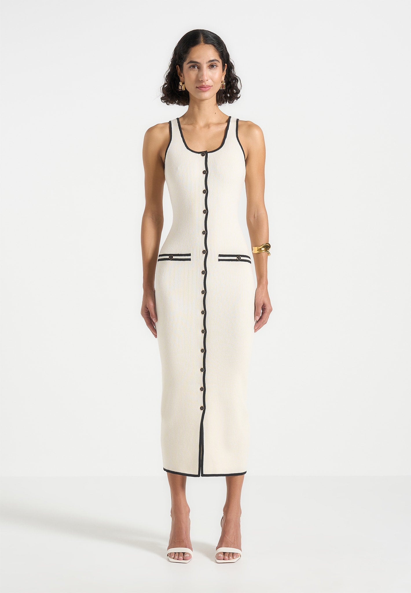 Women's Rib Knit Contrast Midi Dress - Cream/Black - M - Daphne