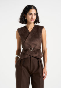 Jeanne - Suede Wrap Suit Vest with Belt - Brown