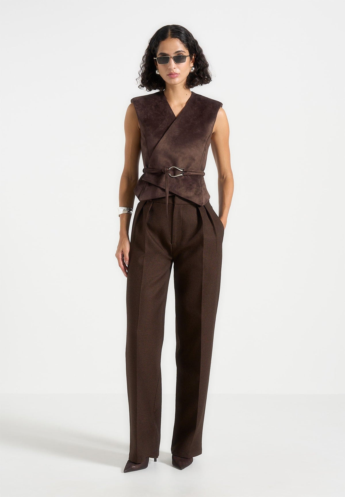 Jeanne - Suede Wrap Suit Vest with Belt - Brown