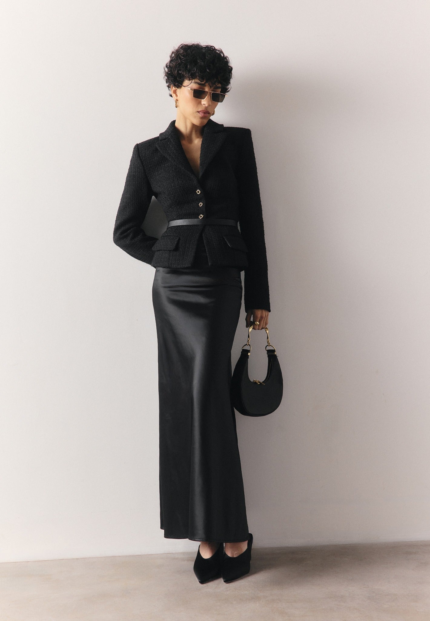Women's Boucle And Satin Belted Blazer Maxi Dress - Black - US 0 - Grace