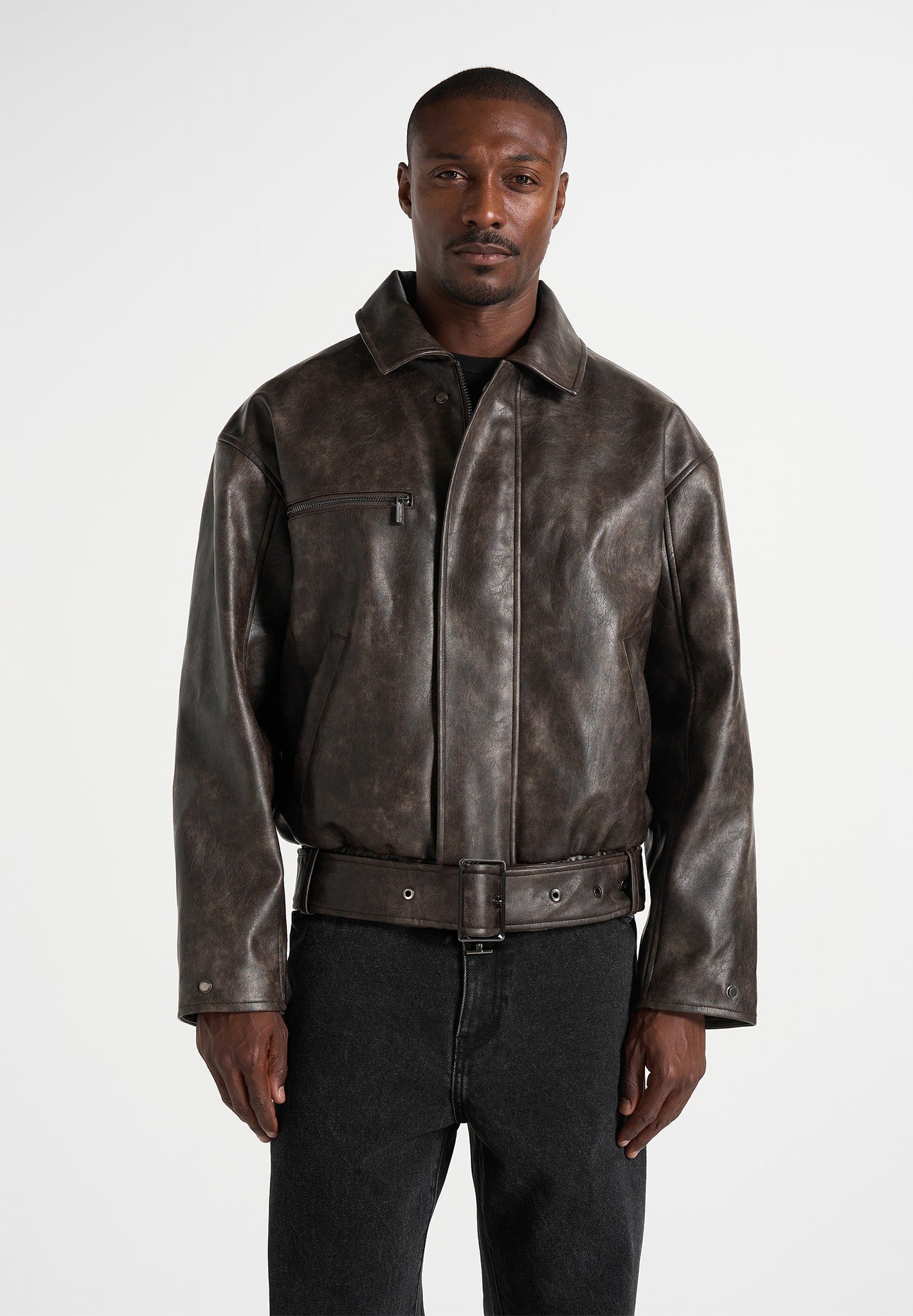 Ezra - Unisex Vintage Leather Belted Bomber Jacket - Brown