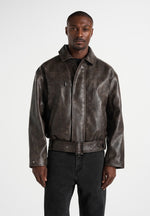 Ezra - Unisex Vintage Leather Belted Bomber Jacket - Brown