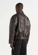 Ezra - Unisex Vintage Leather Belted Bomber Jacket - Brown
