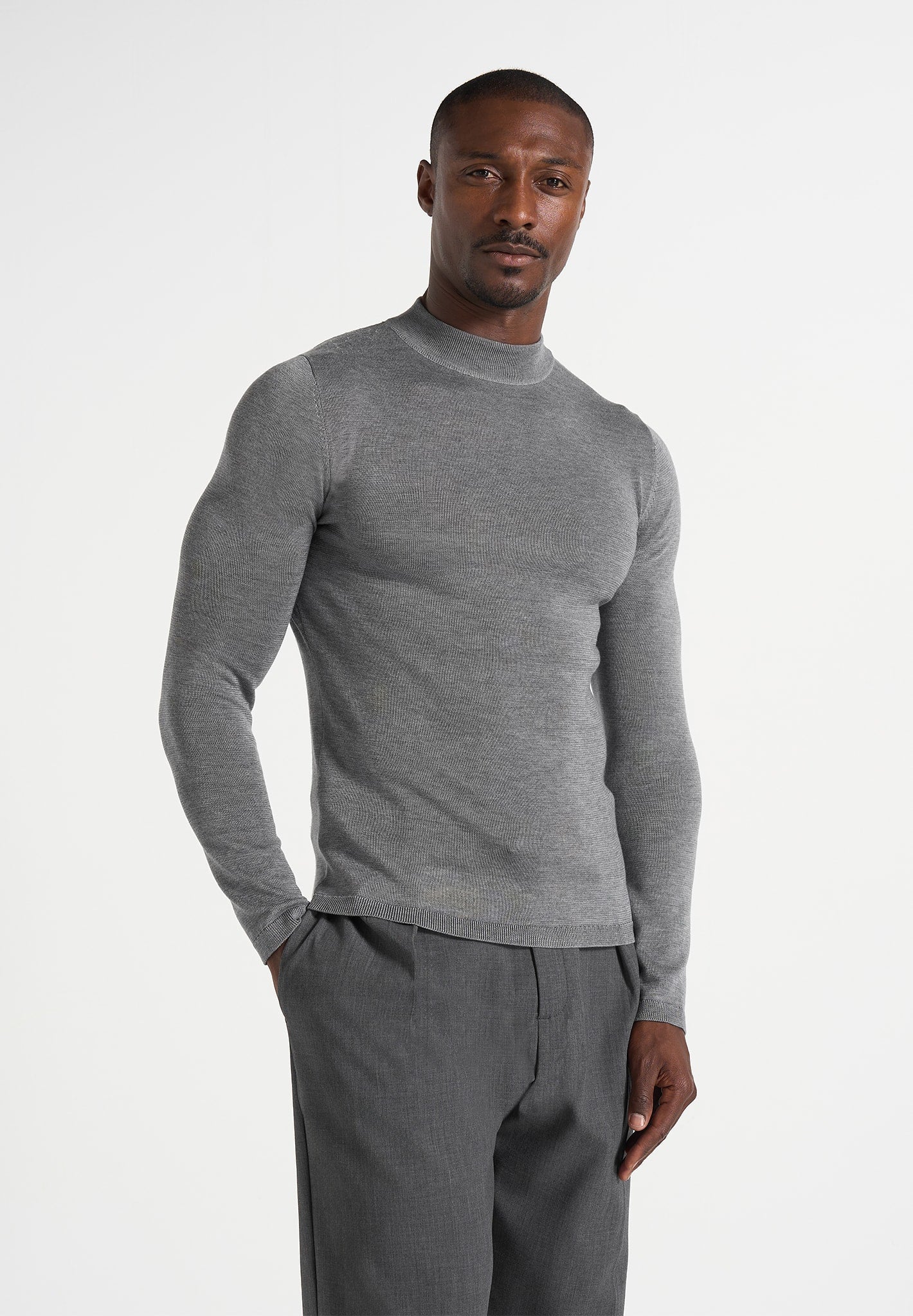KW003 - Fitted Mock Neck Wool-Blend Sweater - Grey