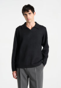 Wool Revere Long Sleeve Polo Top - Black
