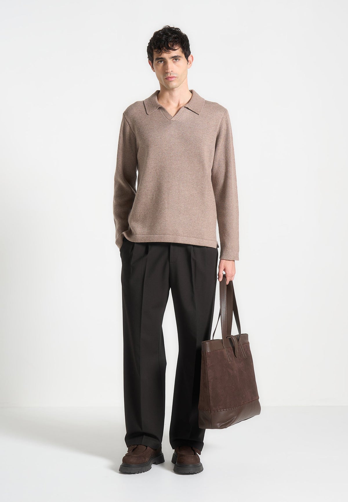 Wool Revere Long Sleeve Polo Top - Taupe