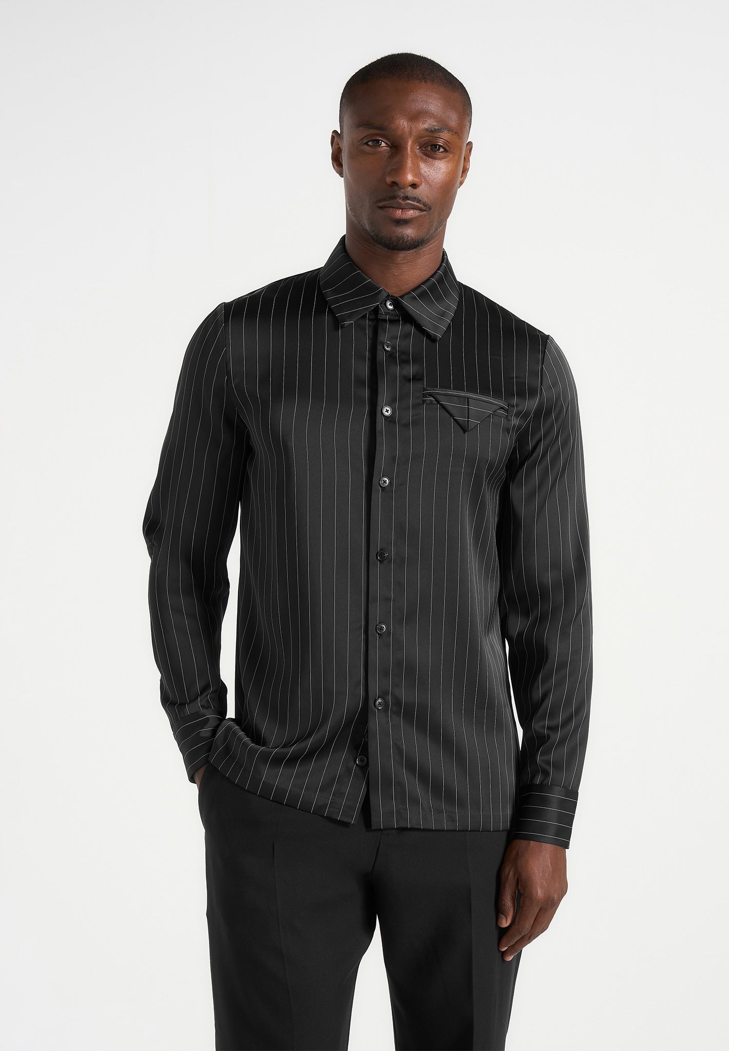 Elian - Satin Pinstripe Slim Fit Dress Shirt - Black