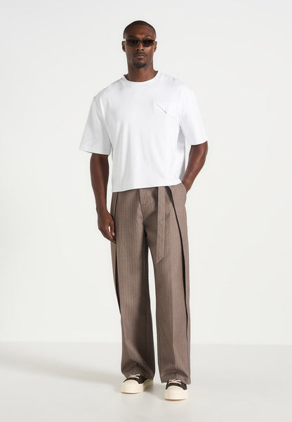 Charles - Wide Fit Wrap Leg Pinstripe Tailored Pants - Taupe