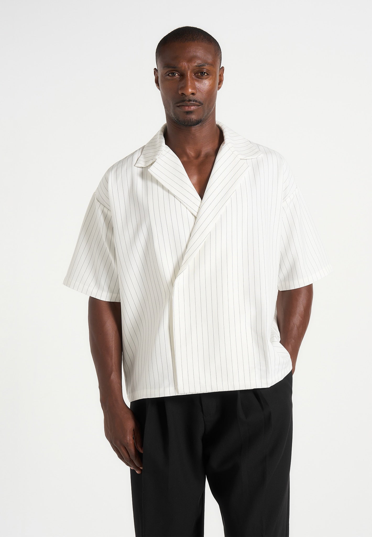 Men's Boxy Pinstripe Double Breasted Shirt - White - XL - Abel