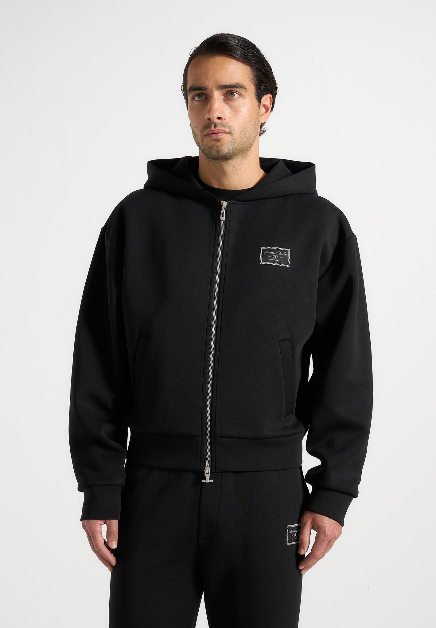 Ray - Unisex Neoprene Cropped Zip Hoodie - Black 