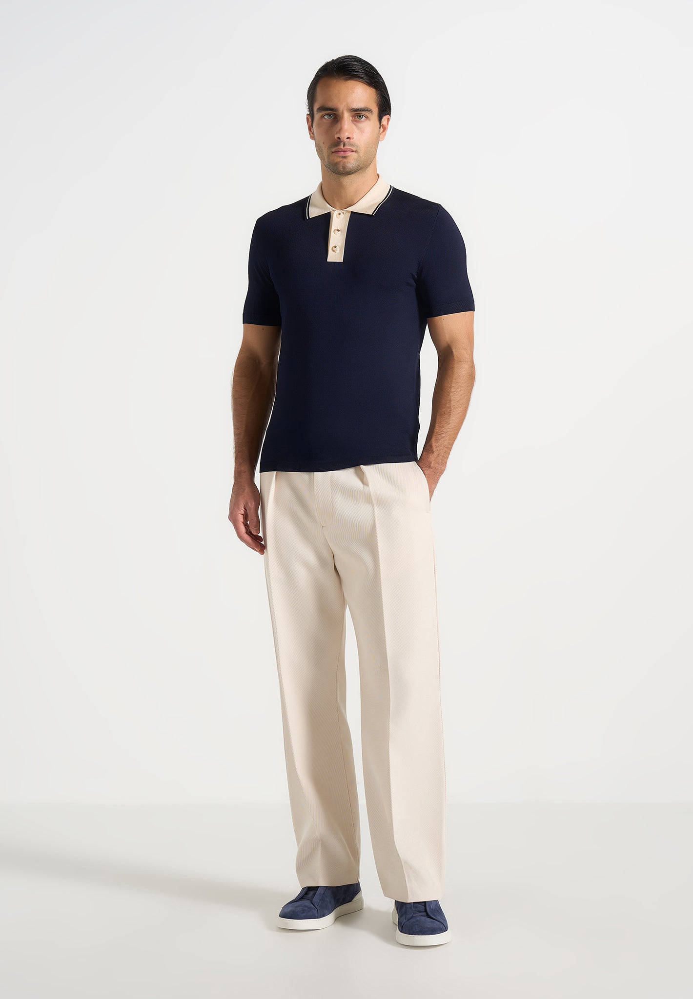 Roux - Contrast Detail Luxe Knit Polo Shirt - Navy 