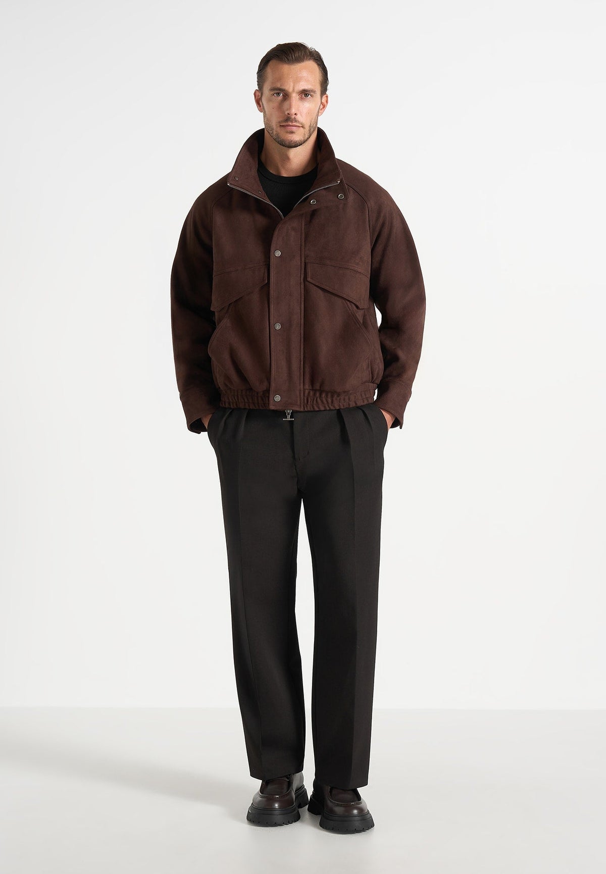 Romain - Unisex Suede Funnel Neck Bomber Jacket - Brown