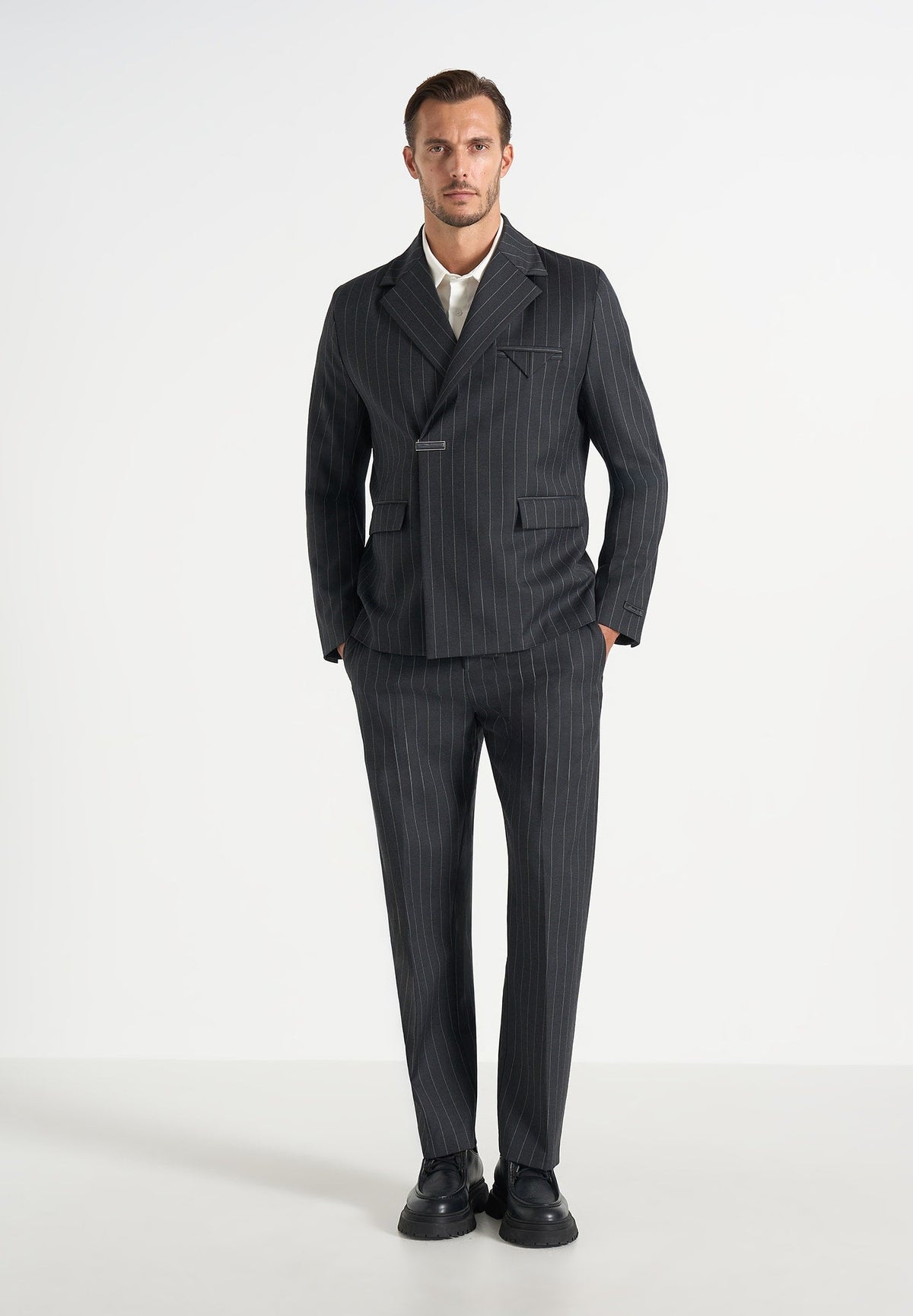 Gaston - Double Breasted Pinstripe Wool-Blend Suit Blazer - Dark Grey