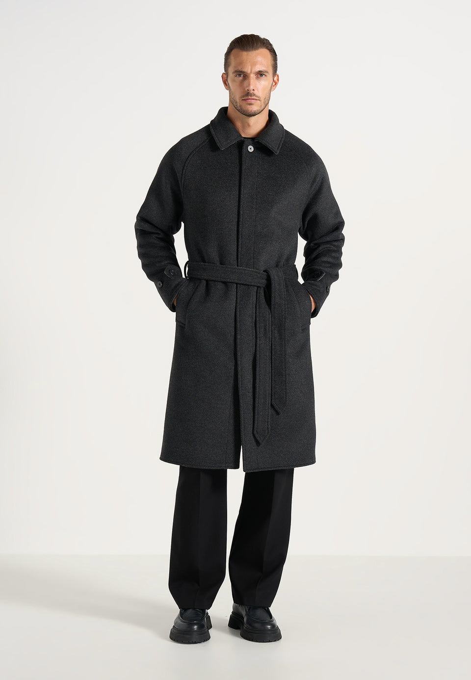 Alfie - Reversible Belted Wool-Blend Car Coat - Grey / Black