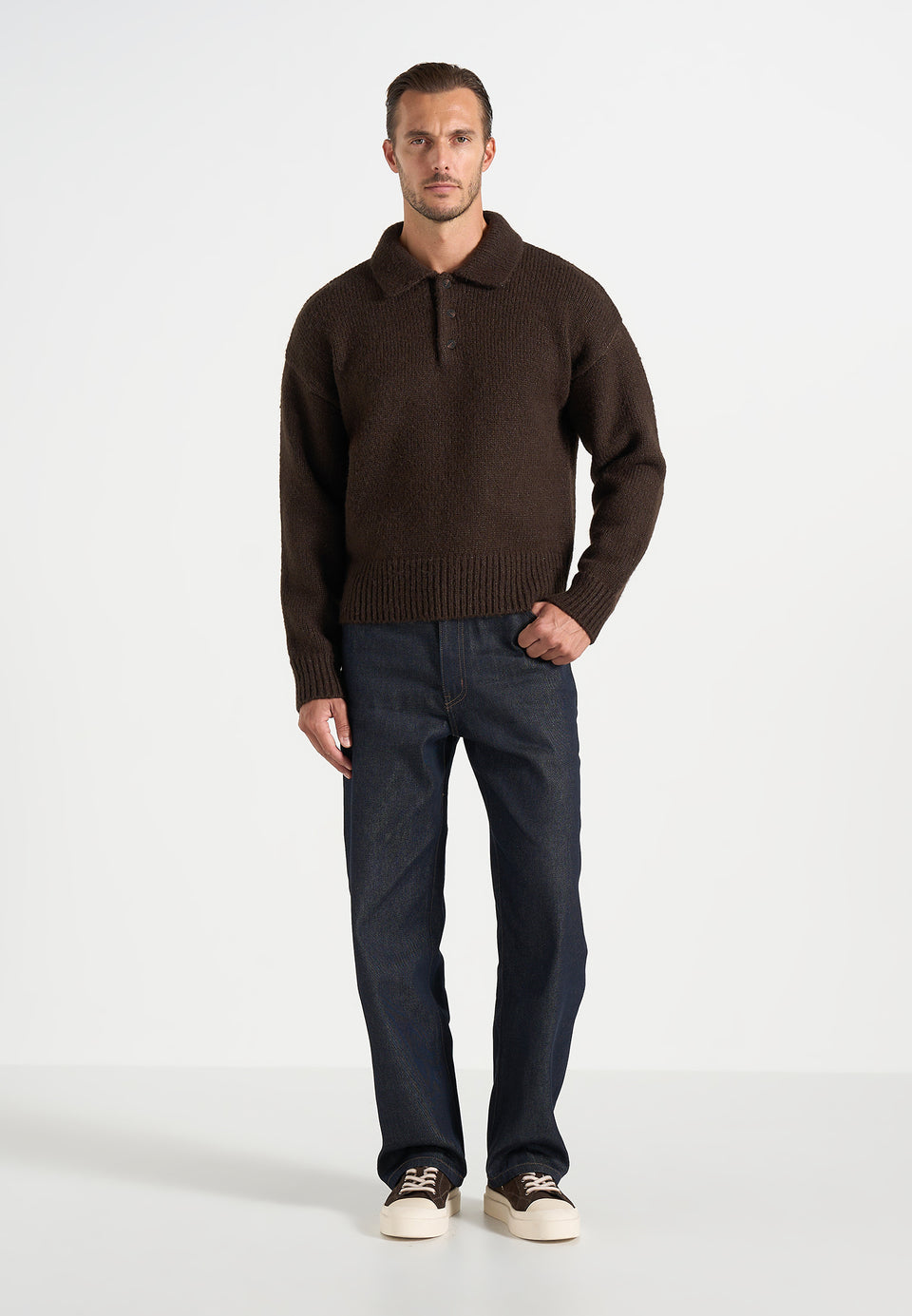 Finn - Brushed Wool-Blend Polo Knit Sweater - Brown