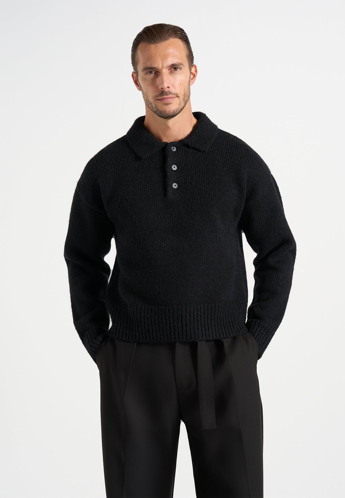 Finn - Brushed Wool-Blend Polo Knit Sweater - Black