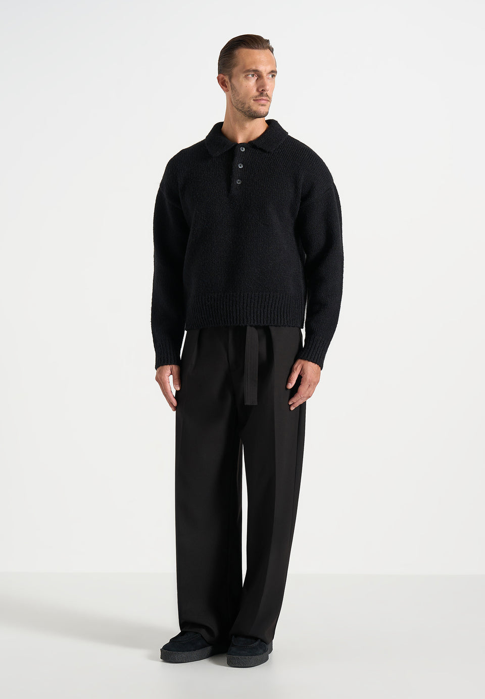 Finn - Brushed Wool-Blend Polo Knit Sweater - Black