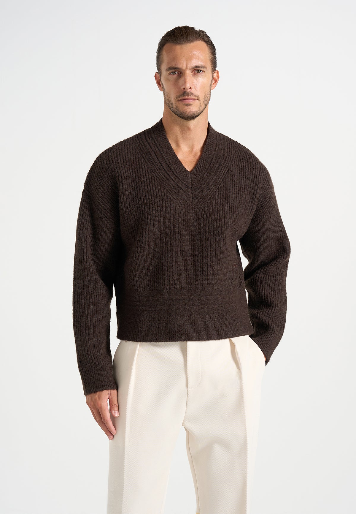 Remi - Signature Ribbed Wool-Blend V-Neck Sweater - Dark Brown