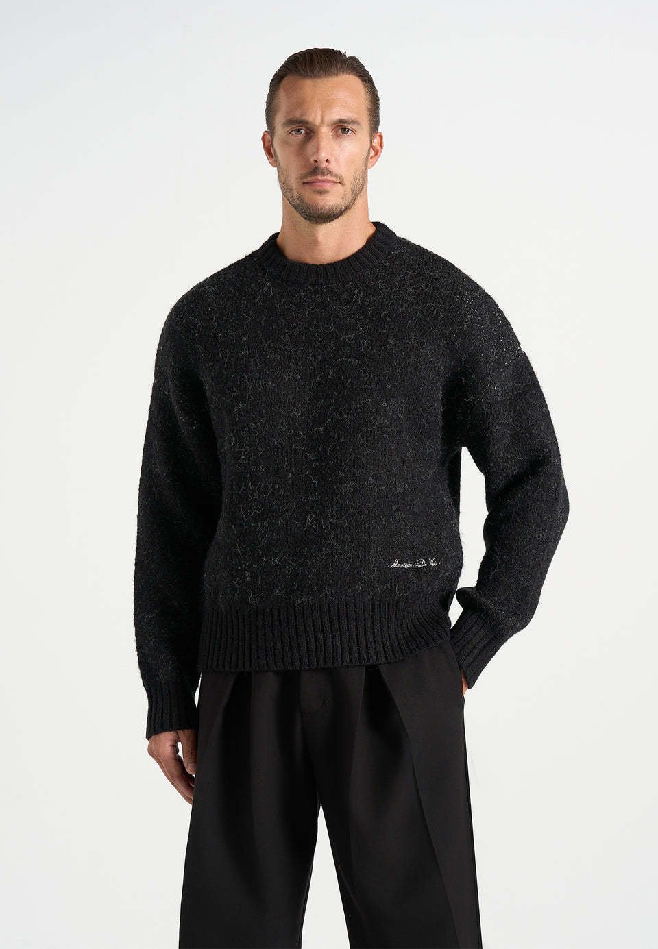 Kamil - Art Slogan Speckled Brushed Wool-Blend Knit Sweater - Black