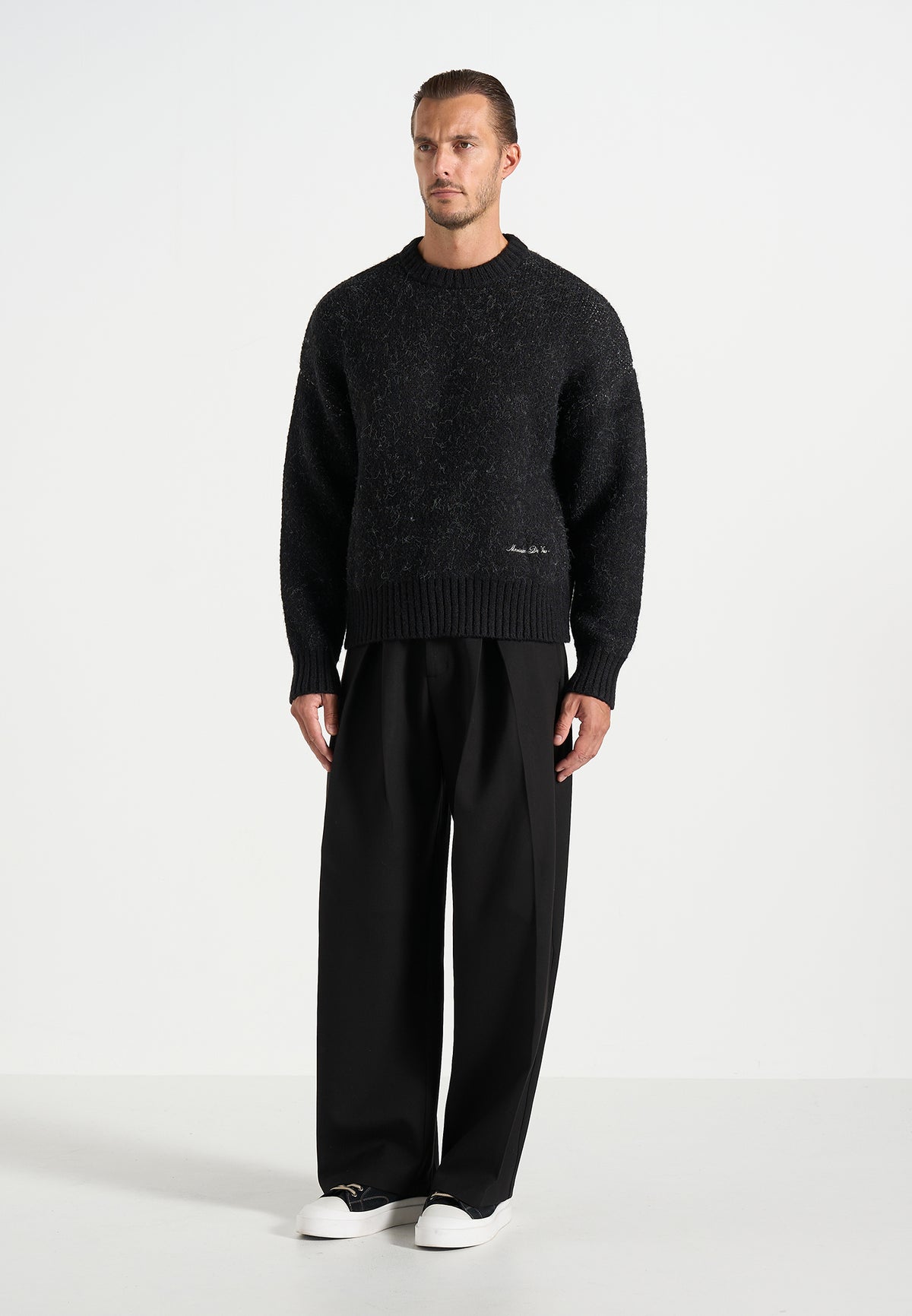 Kamil - Art Slogan Speckled Brushed Wool-Blend Knit Sweater - Black