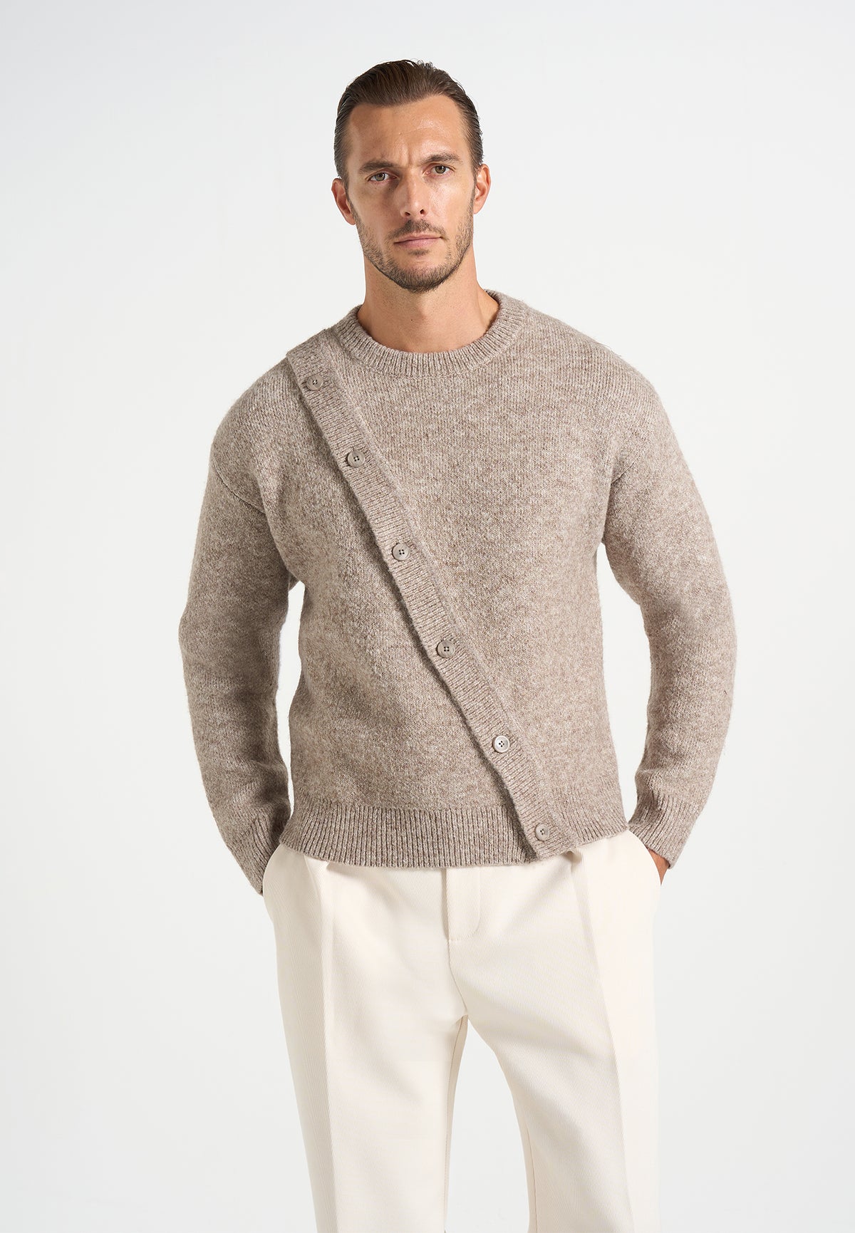 Theo - Asymmetric Brushed Wool-Blend Knit Sweater - Taupe