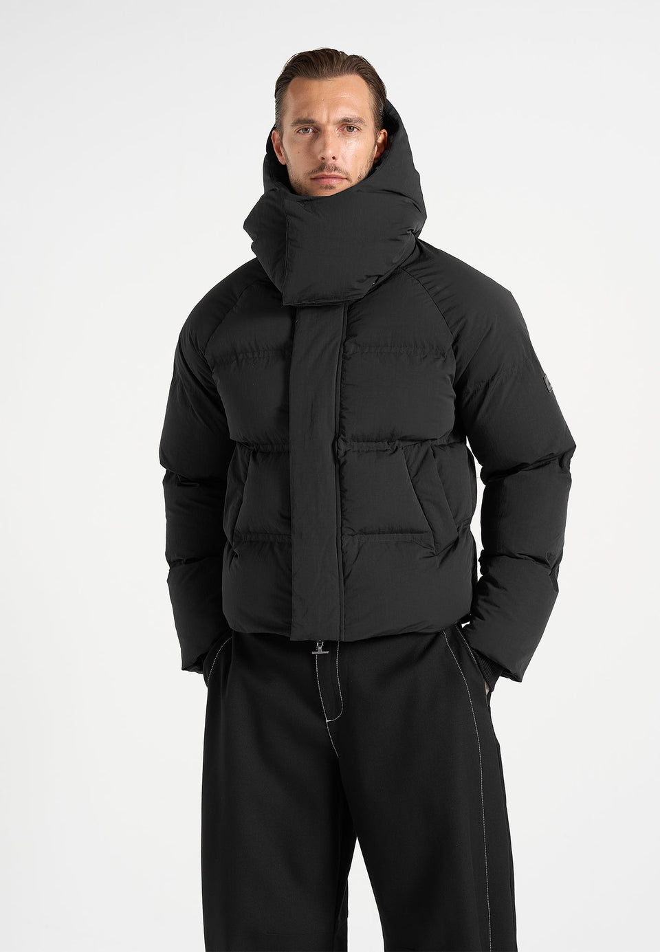 Bradley - Unisex Cropped Raglan Wrap Neck Puffer Jacket - Black