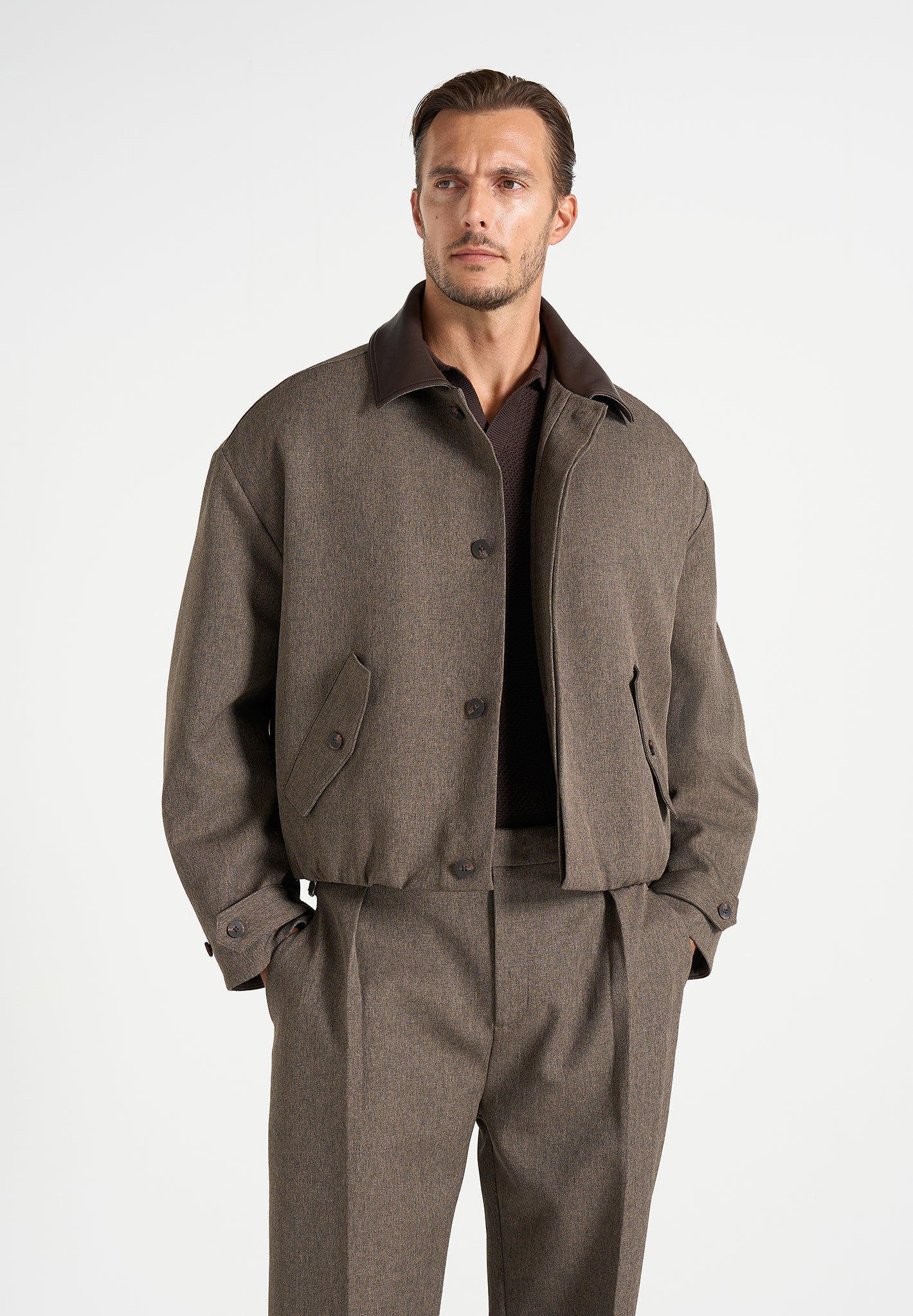 Cameron - Unisex Oversized Textured Tailored Bomber Jacket - Taupe