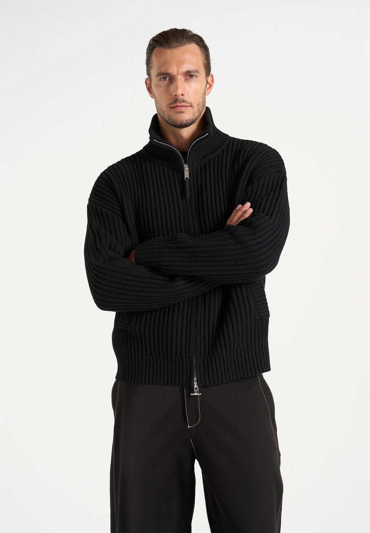 Kyle - Unisex Applique Detail Ribbed Knit Jacket - Black