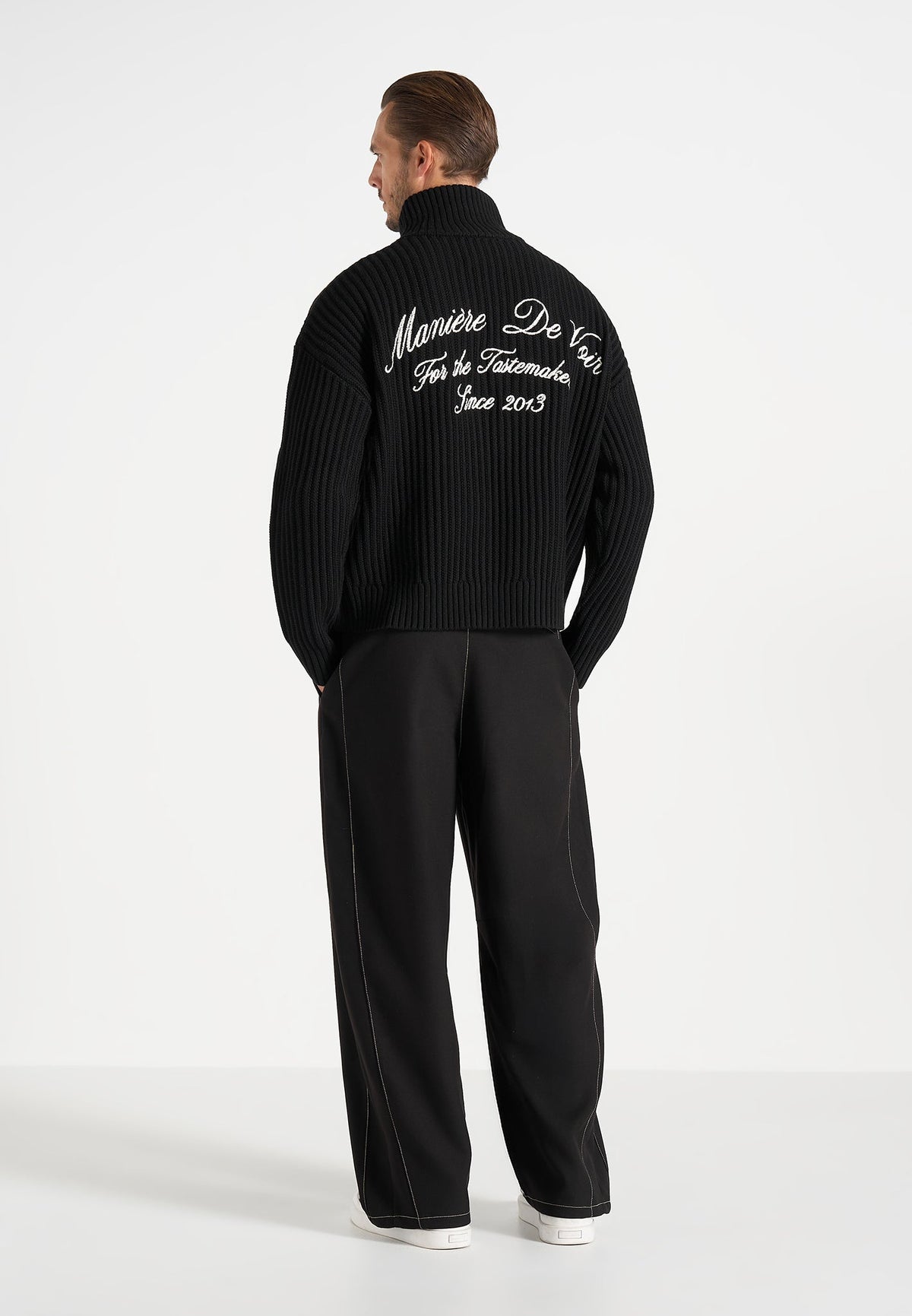 Kyle - Unisex Applique Detail Ribbed Knit Jacket - Black