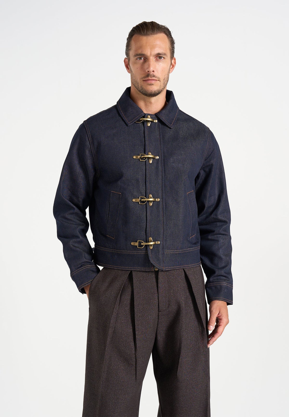 Nino - Unisex Clasp Detail Contrast Stitch Denim Jacket - Indigo