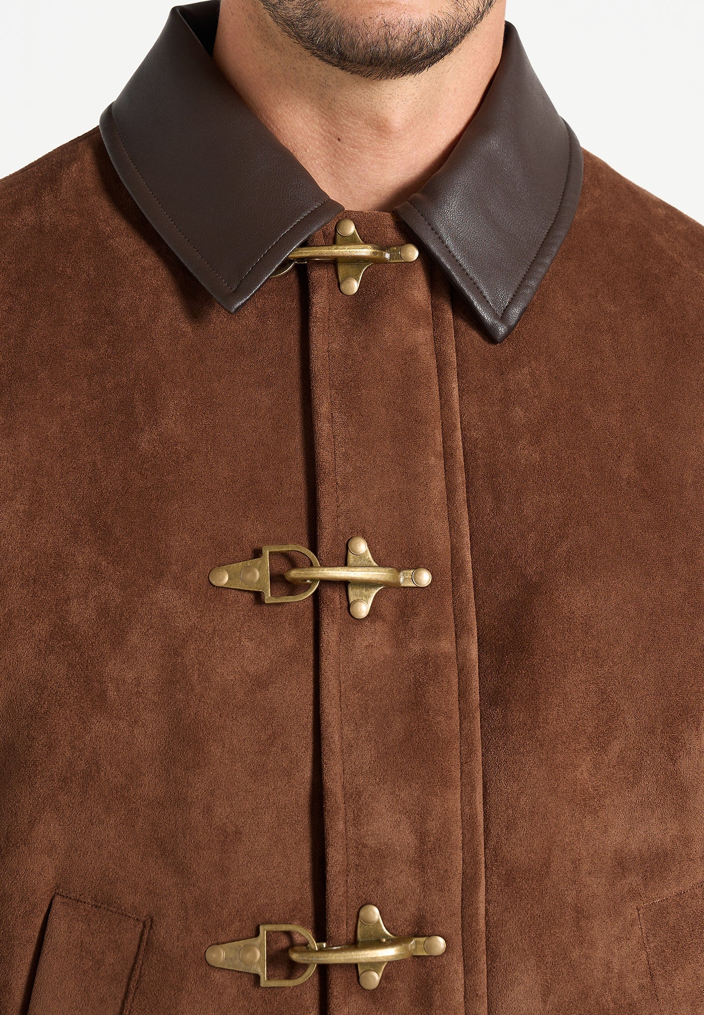 Nino - Unisex Clasp Detail Contrast Stitch Suede Jacket - Tan