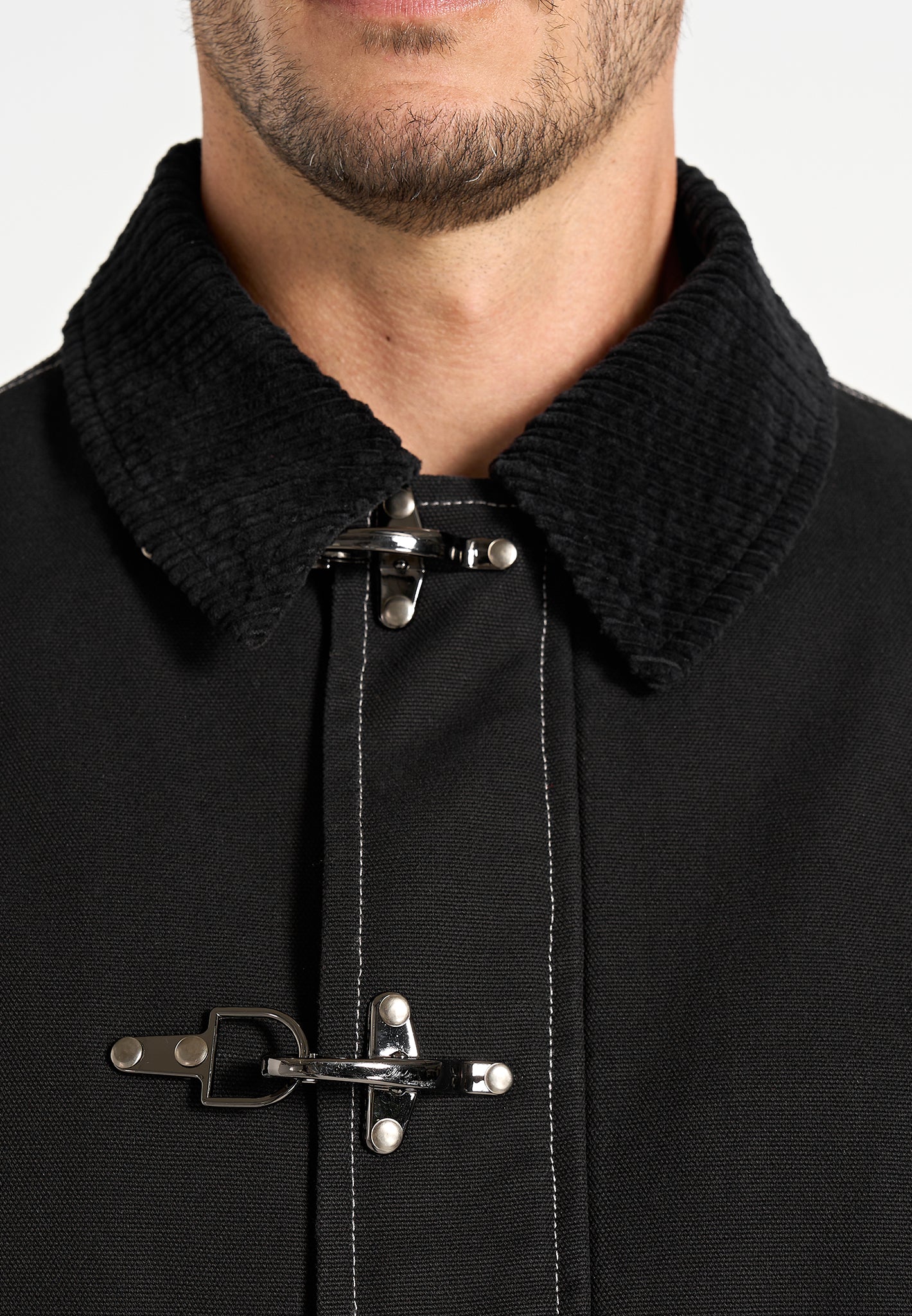 Nino - Unisex Clasp Detail Contrast Stitch Gabardine Jacket - Black