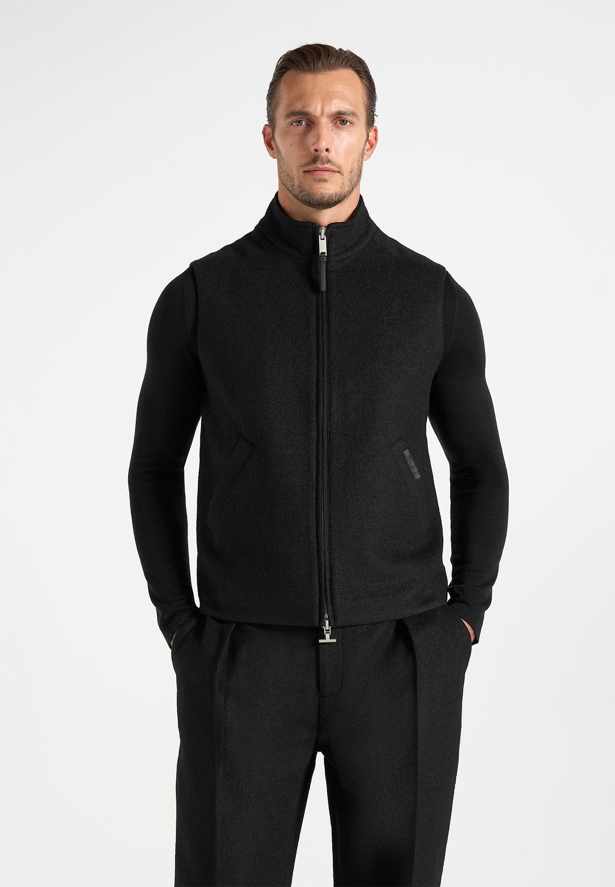 Levi - Herringbone Brushed Wool Zip Gilet - Black