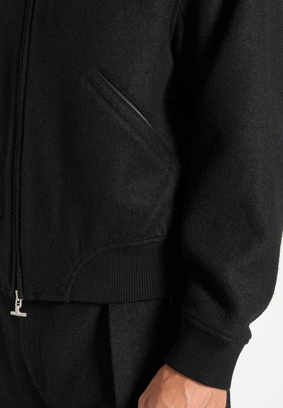 Leandro - Herringbone Brushed Wool Bomber Jacket - Black