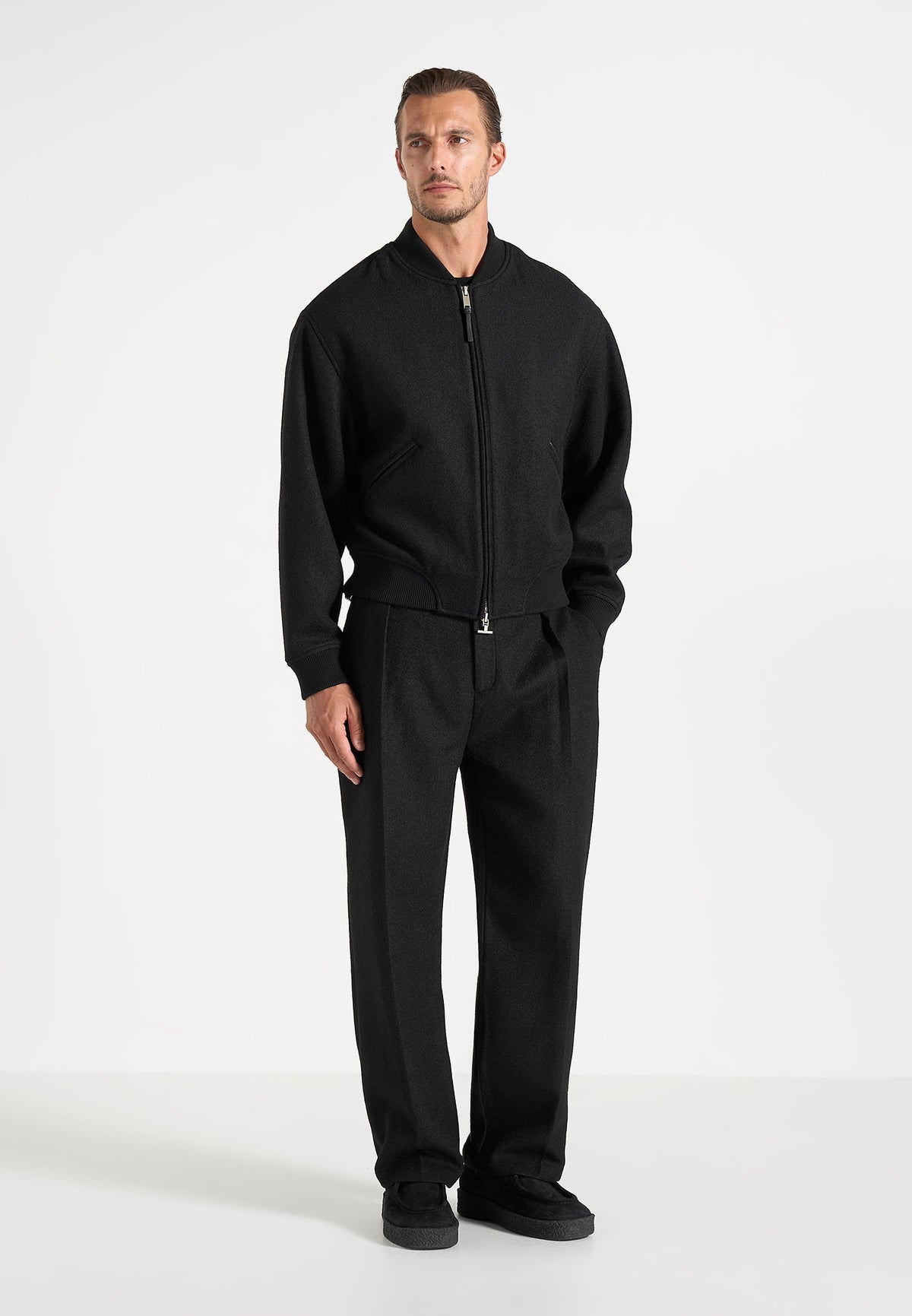 Leandro - Herringbone Brushed Wool Bomber Jacket - Black