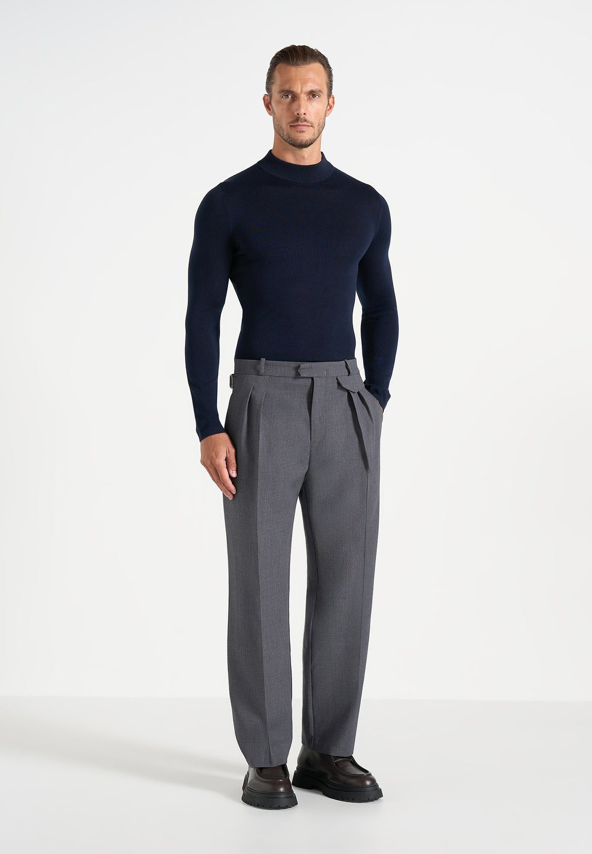 KW003 - Fitted Mock Neck Wool-Blend Sweater - Navy