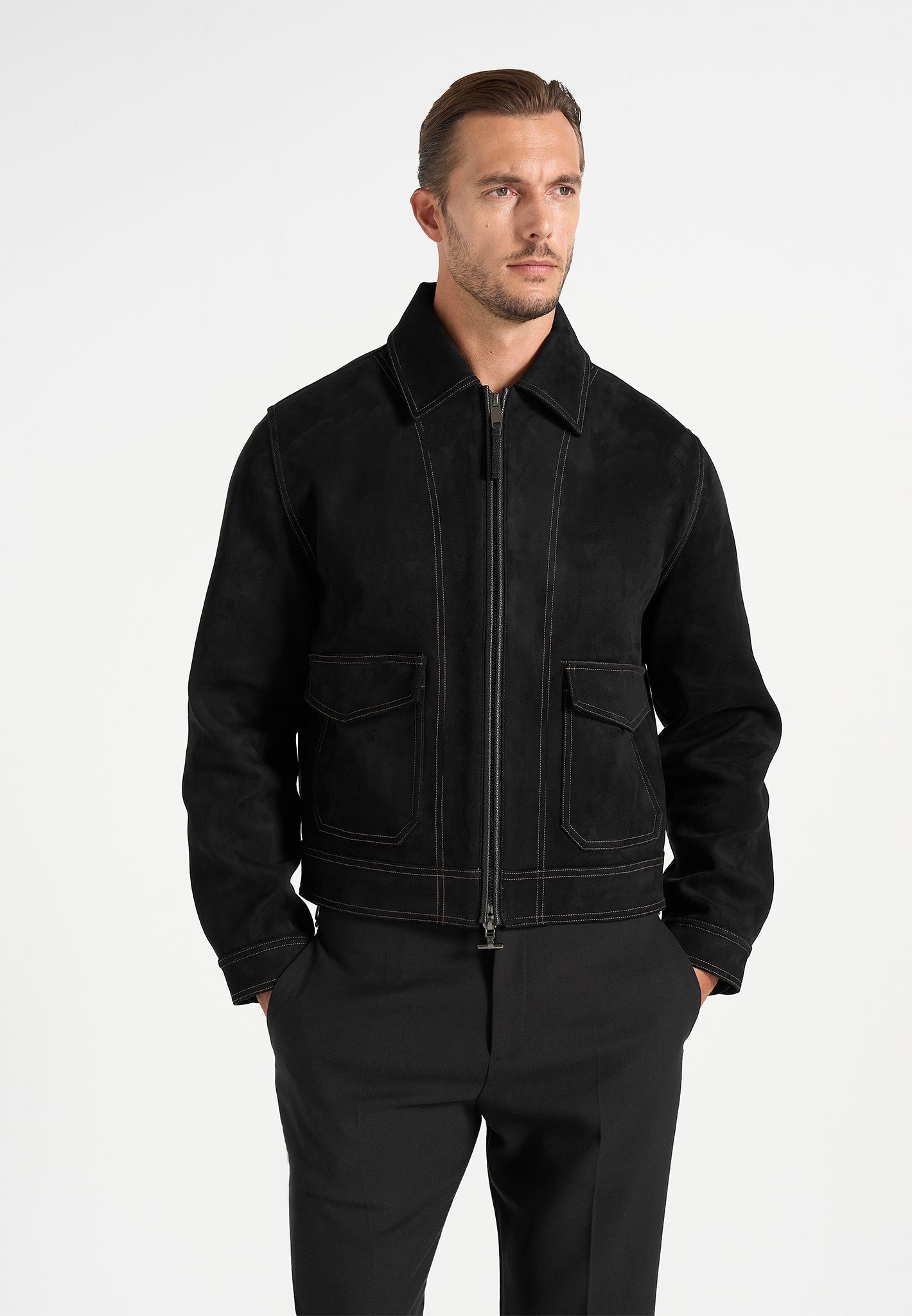Vince - Suede Contrast Stitch Jacket - Black