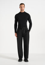 Dorian - Herringbone Brushed Wool Pleated Pants - Black