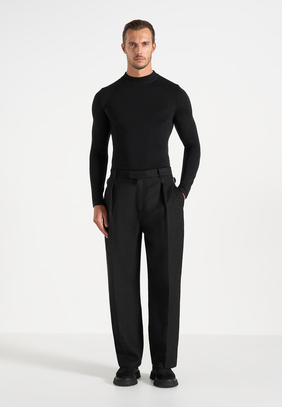 Dorian - Herringbone Brushed Wool Pleated Pants - Black