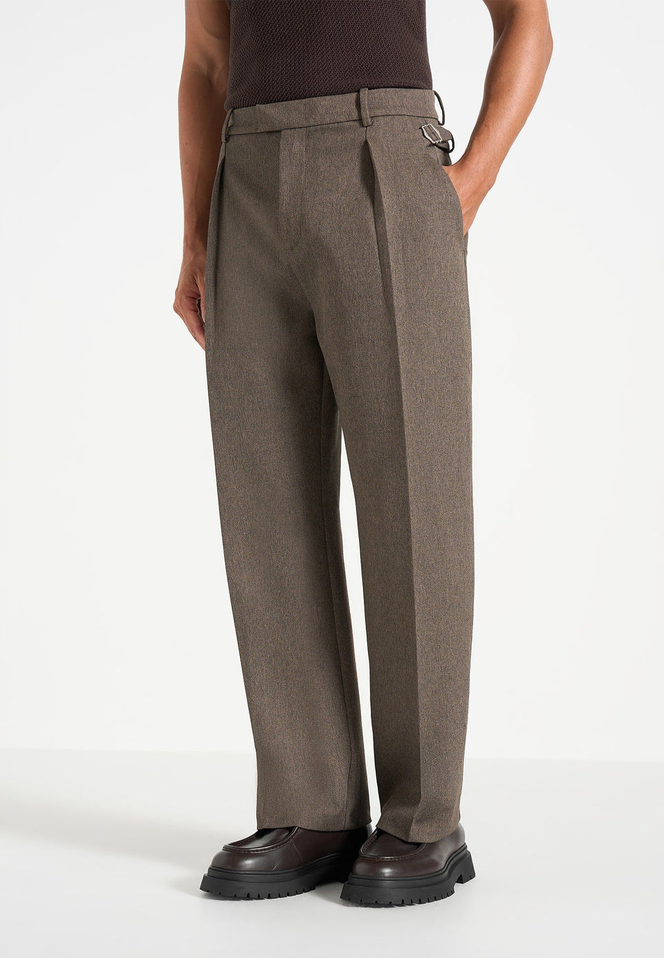 Dorian - Relaxed Fit Pleated Textured Tailored Pants - Taupe