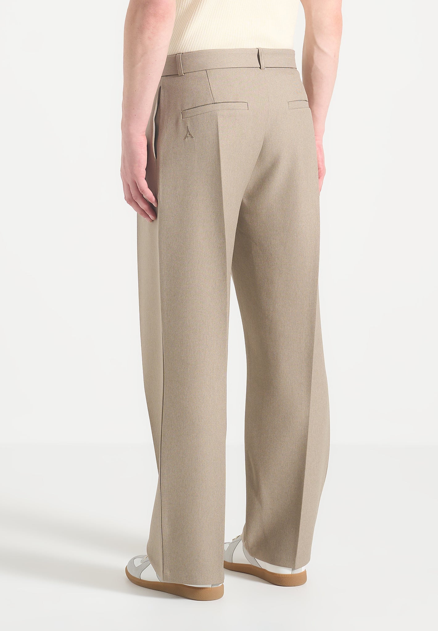 Relaxed Fit Textured Belted Tailored Trousers - Beige