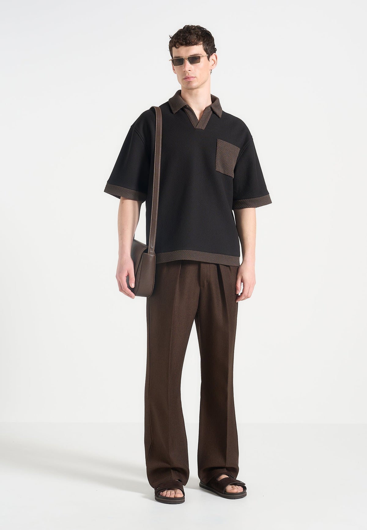 Brice - Boxy Polo Shirt with Crochet Detail - Black