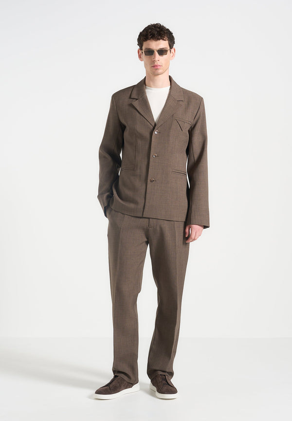 Bastien - Single Breasted Hatched Tailored Suit Jacket - Light Brown