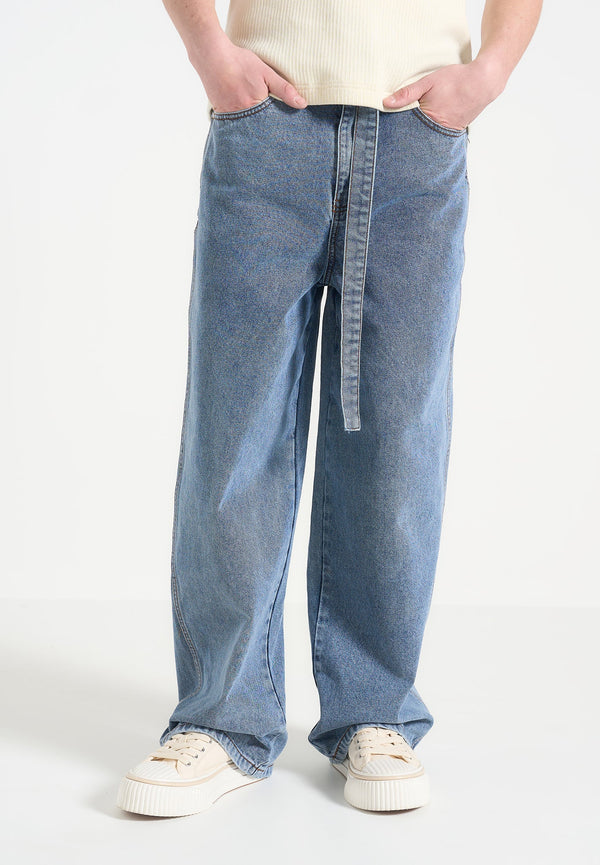 Adam - Wide Leg Belted Jeans - Blue Wash